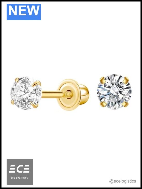 Jewelry - 14K Yellow Gold Round Cubic Zirconia Stud Earrings Screw-back